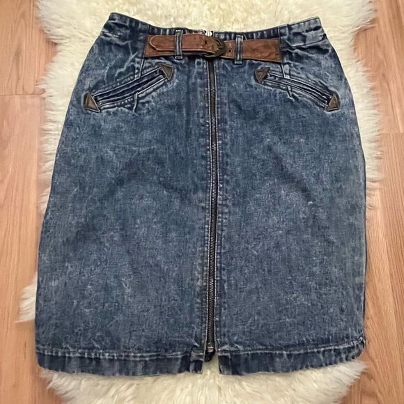 Vintage 80’s Weathered Blues Acid Wash Denim Zip Skirt 27 - Picture 1 of 7